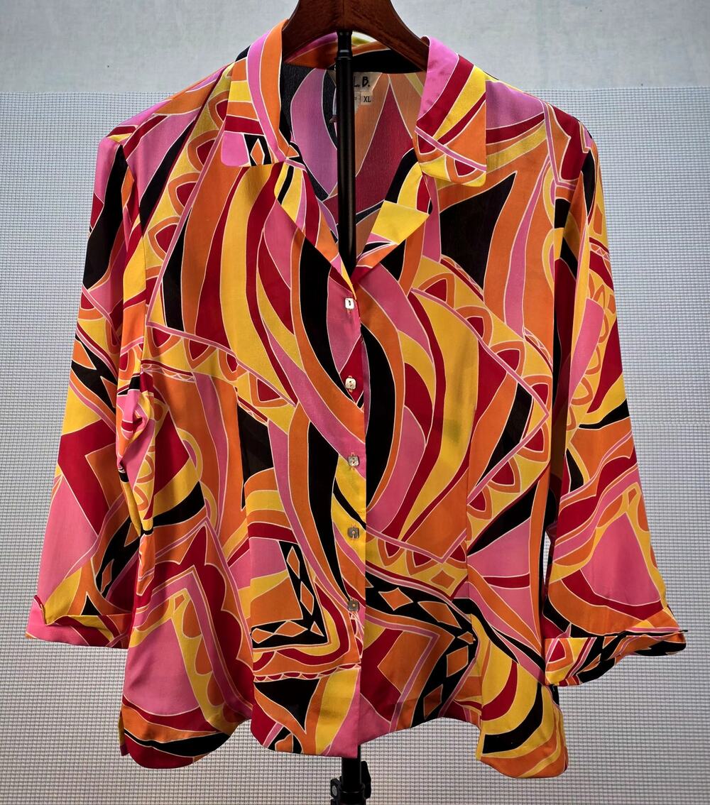 Vintage SLB Sunny Leigh 100% Silk Blouse XL Pink Orange Geometric Retro 90s